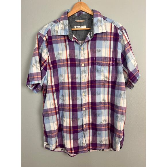 Tommy Bahama Mens L Double Flora Plaid Palm Tree Hawaiian Shirt Coastal Resort - Picture 3 of 12